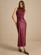 Poéselle Women's Stretch Leather Stand-Collar Pleated Midi Dress shein
