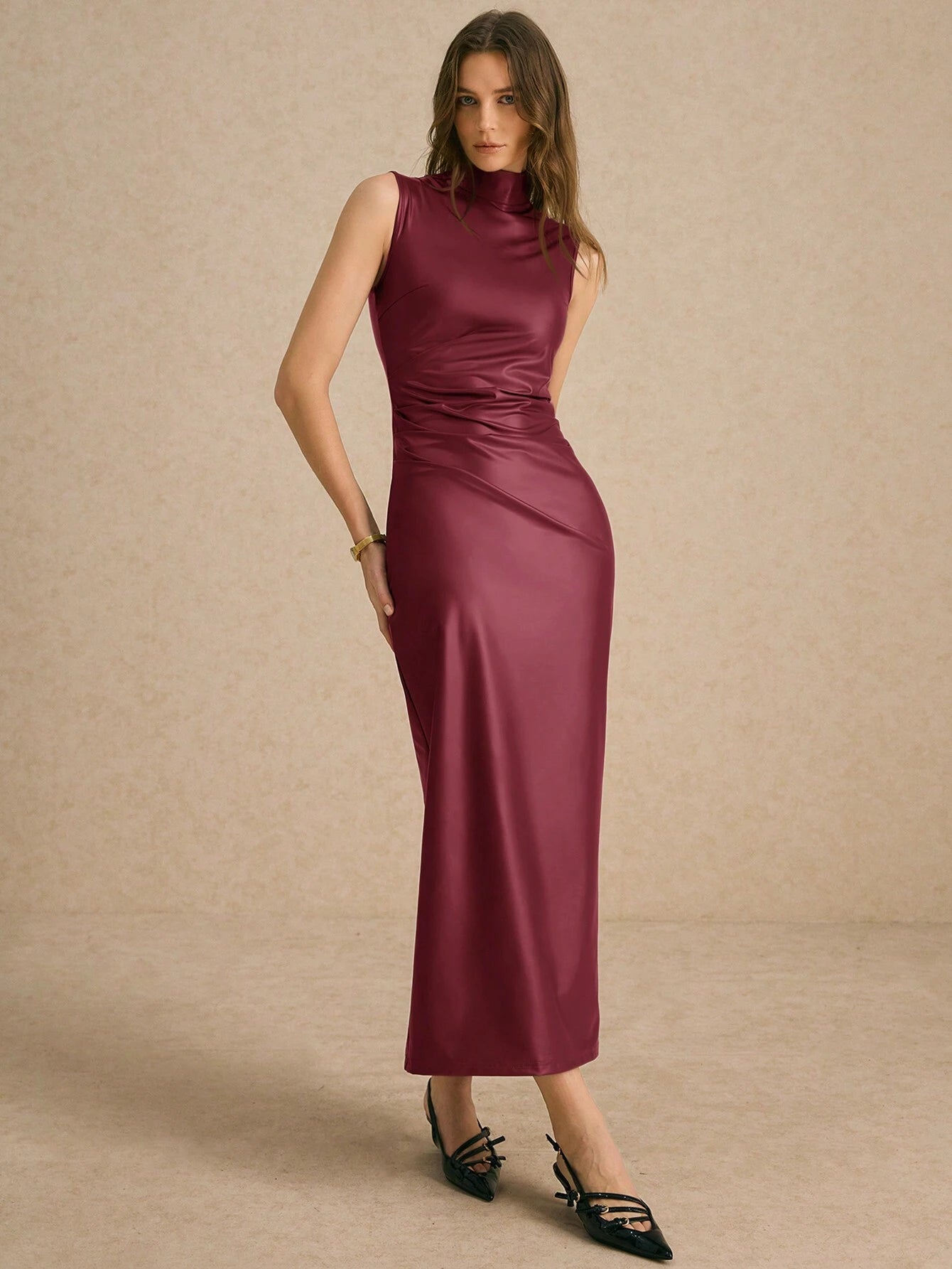 Poéselle Women's Stretch Leather Stand-Collar Pleated Midi Dress shein