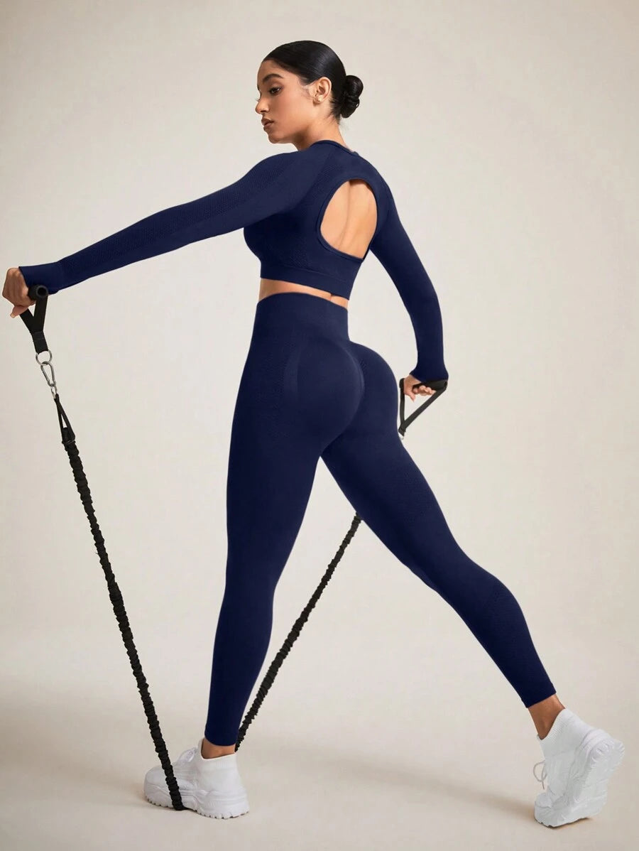 Sport Studio Women Solid Color Open Back Seamless Sports Set