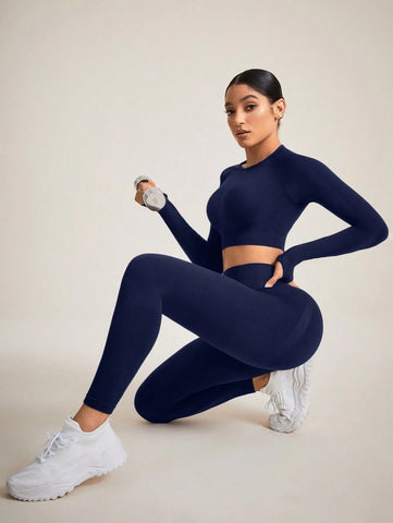 Sport Studio Women Solid Color Open Back Seamless Sports Set