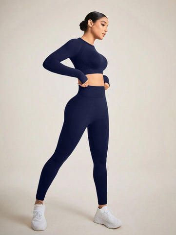 Sport Studio Women Solid Color Open Back Seamless Sports Set