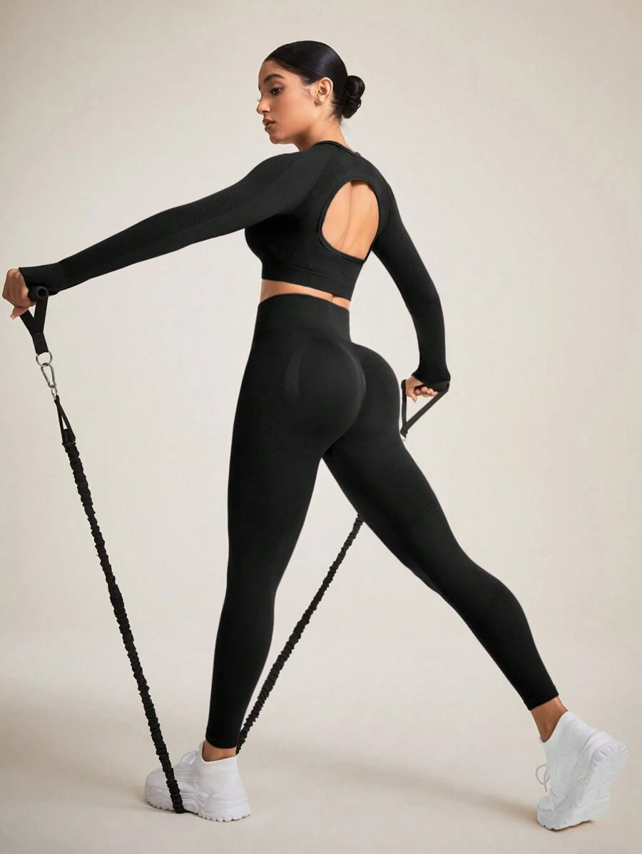 Sport Studio Women Solid Color Open Back Seamless Sports Set