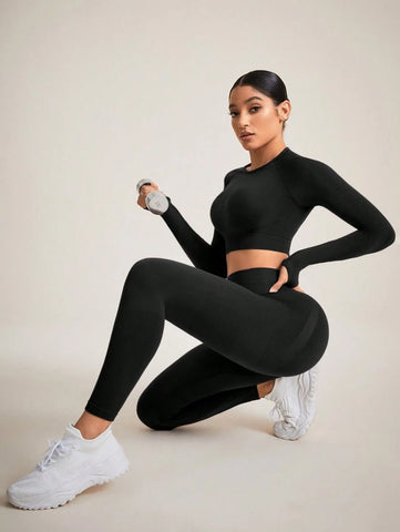 Sport Studio Women Solid Color Open Back Seamless Sports Set