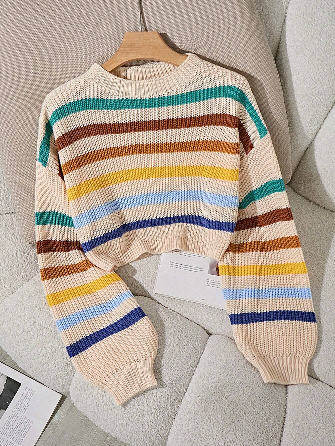 EZwear Stripe Pattern Lantern Sleeve Sweater shein