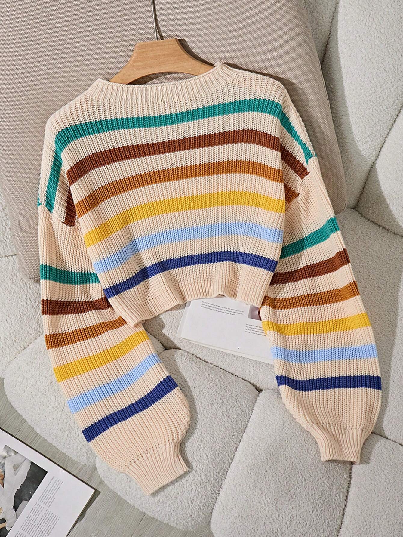 EZwear Stripe Pattern Lantern Sleeve Sweater shein