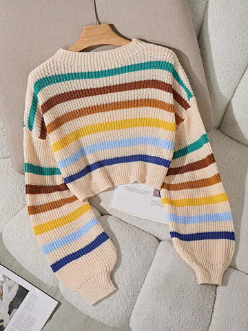 EZwear Stripe Pattern Lantern Sleeve Sweater