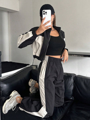 DAZY 2pcs Women Contrast Color Block Long Sleeve Drawstring Front Zip Jacket And Pants Suit