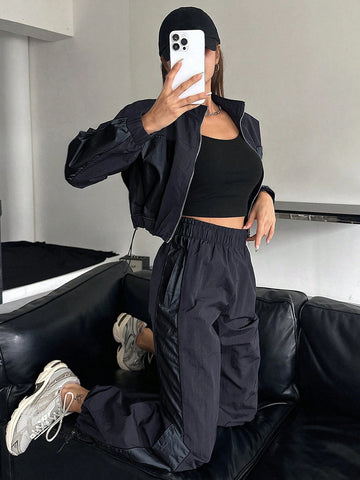 DAZY 2pcs Women Contrast Color Block Long Sleeve Drawstring Front Zip Jacket And Pants Suit