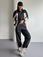 DAZY 2pcs Women Contrast Color Block Long Sleeve Drawstring Front Zip Jacket And Pants Suit shein