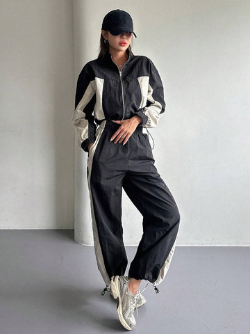 DAZY 2pcs Women Contrast Color Block Long Sleeve Drawstring Front Zip Jacket And Pants Suit