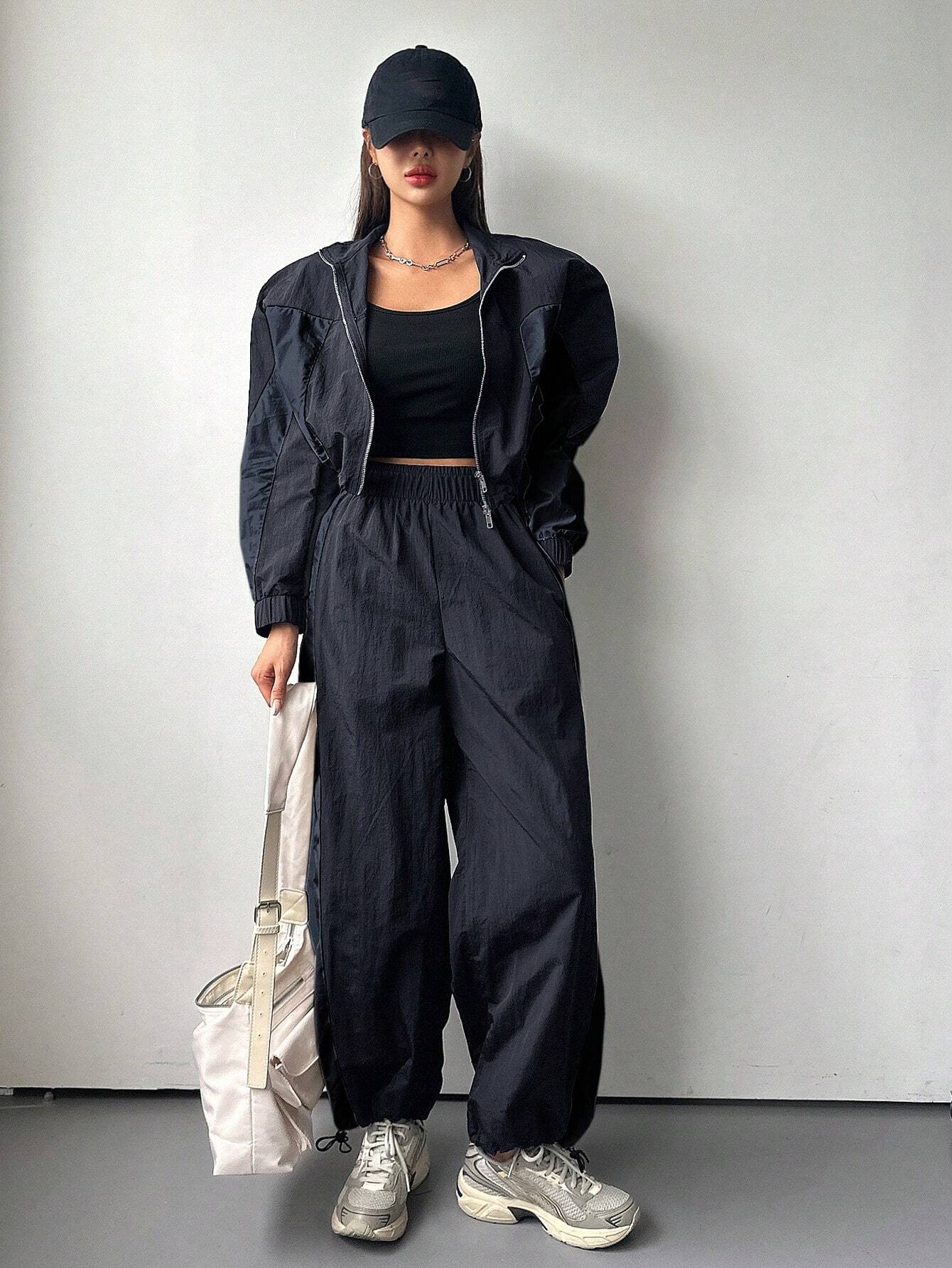 DAZY 2pcs Women Contrast Color Block Long Sleeve Drawstring Front Zip Jacket And Pants Suit shein
