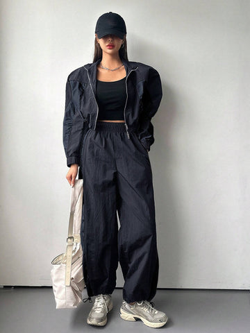 DAZY 2pcs Women Contrast Color Block Long Sleeve Drawstring Front Zip Jacket And Pants Suit