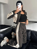 DAZY 2pcs Women Contrast Color Block Long Sleeve Drawstring Front Zip Jacket And Pants Suit shein