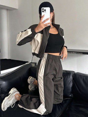 DAZY 2pcs Women Contrast Color Block Long Sleeve Drawstring Front Zip Jacket And Pants Suit