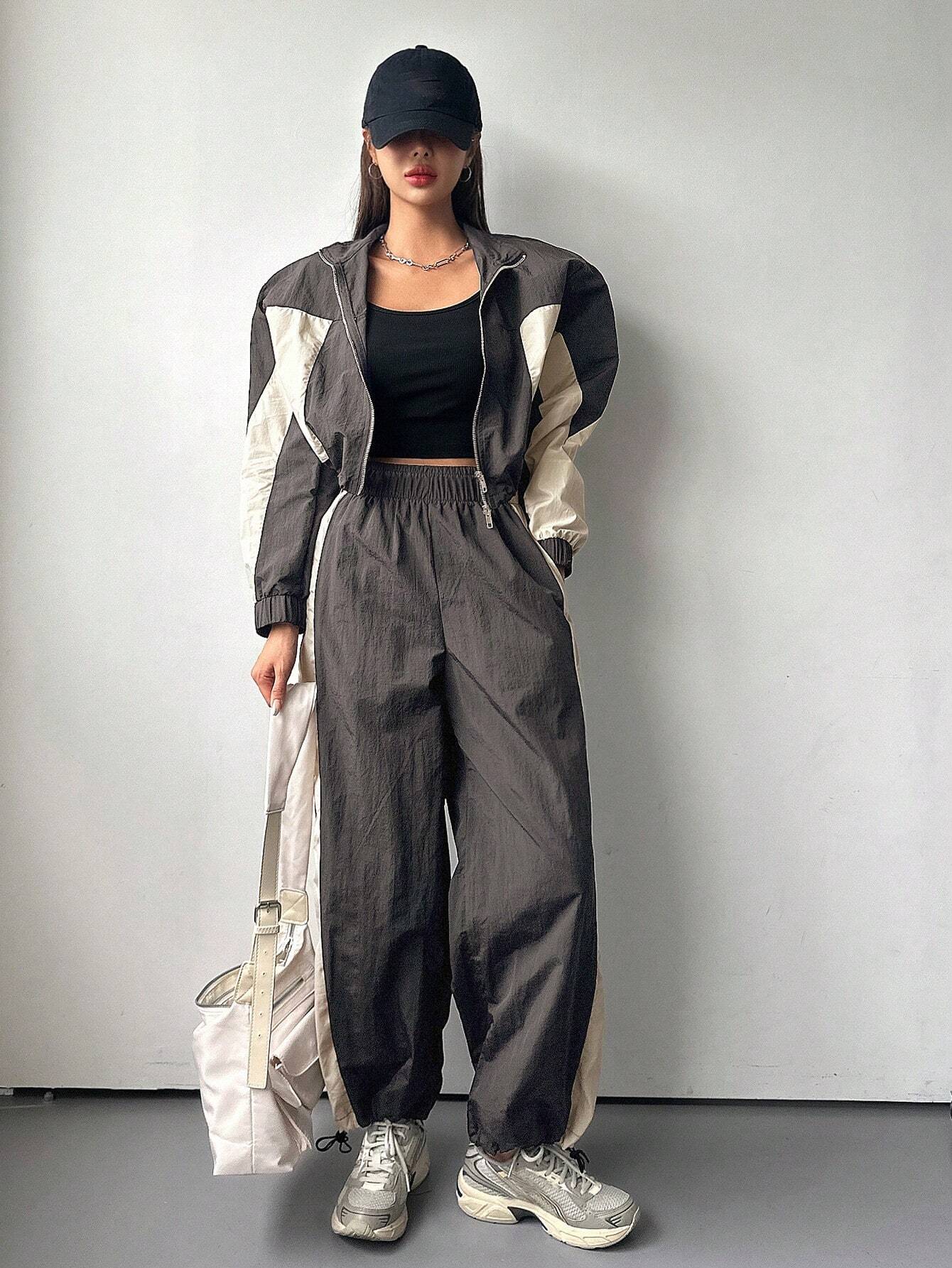 DAZY 2pcs Women Contrast Color Block Long Sleeve Drawstring Front Zip Jacket And Pants Suit shein