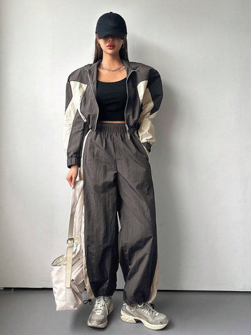 DAZY 2pcs Women Contrast Color Block Long Sleeve Drawstring Front Zip Jacket And Pants Suit