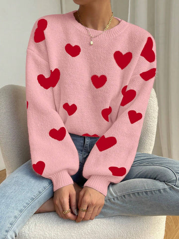 Relaxiva Women Casual Heart Pattern Dropped Shoulder Loose Knit Sweater