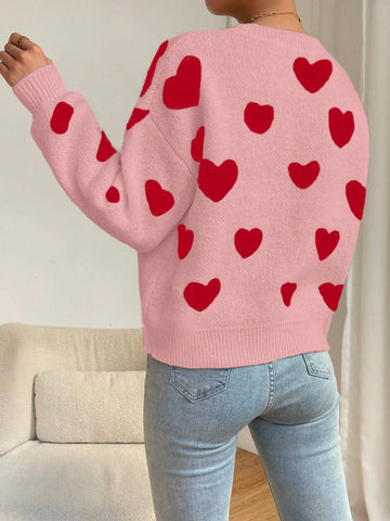 Relaxiva Women Casual Heart Pattern Dropped Shoulder Loose Knit Sweater