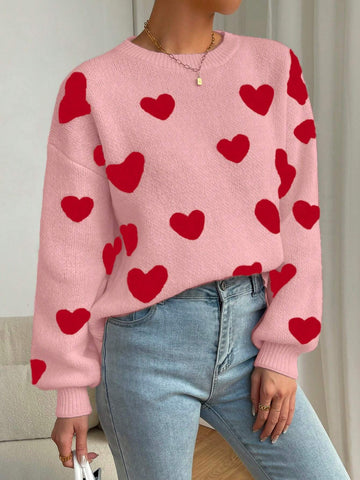 Relaxiva Women Casual Heart Pattern Dropped Shoulder Loose Knit Sweater