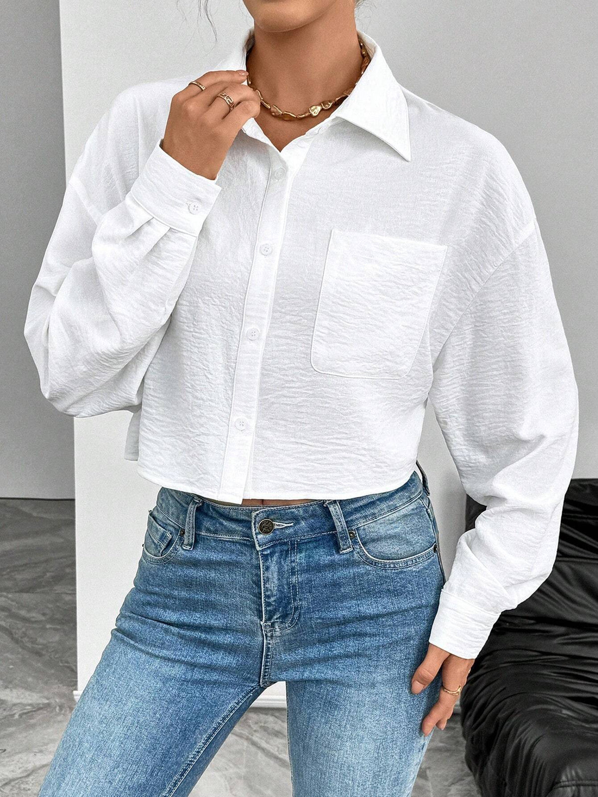 ChicEase Women Plain Button Front Long Sleeve Pocket Casual Shirt shein