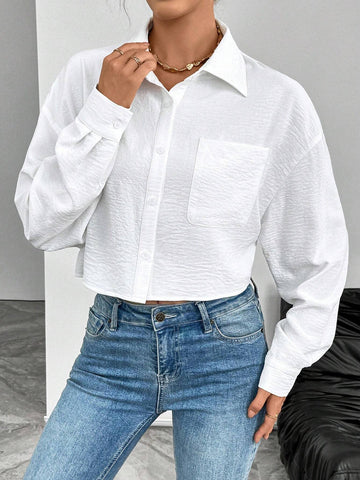 ChicEase Women Plain Button Front Long Sleeve Pocket Casual Shirt