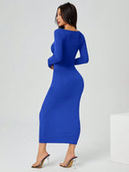PETITE Autumn Wear Solid Color Square Neck Tight Black Long-Sleeved Dress shein