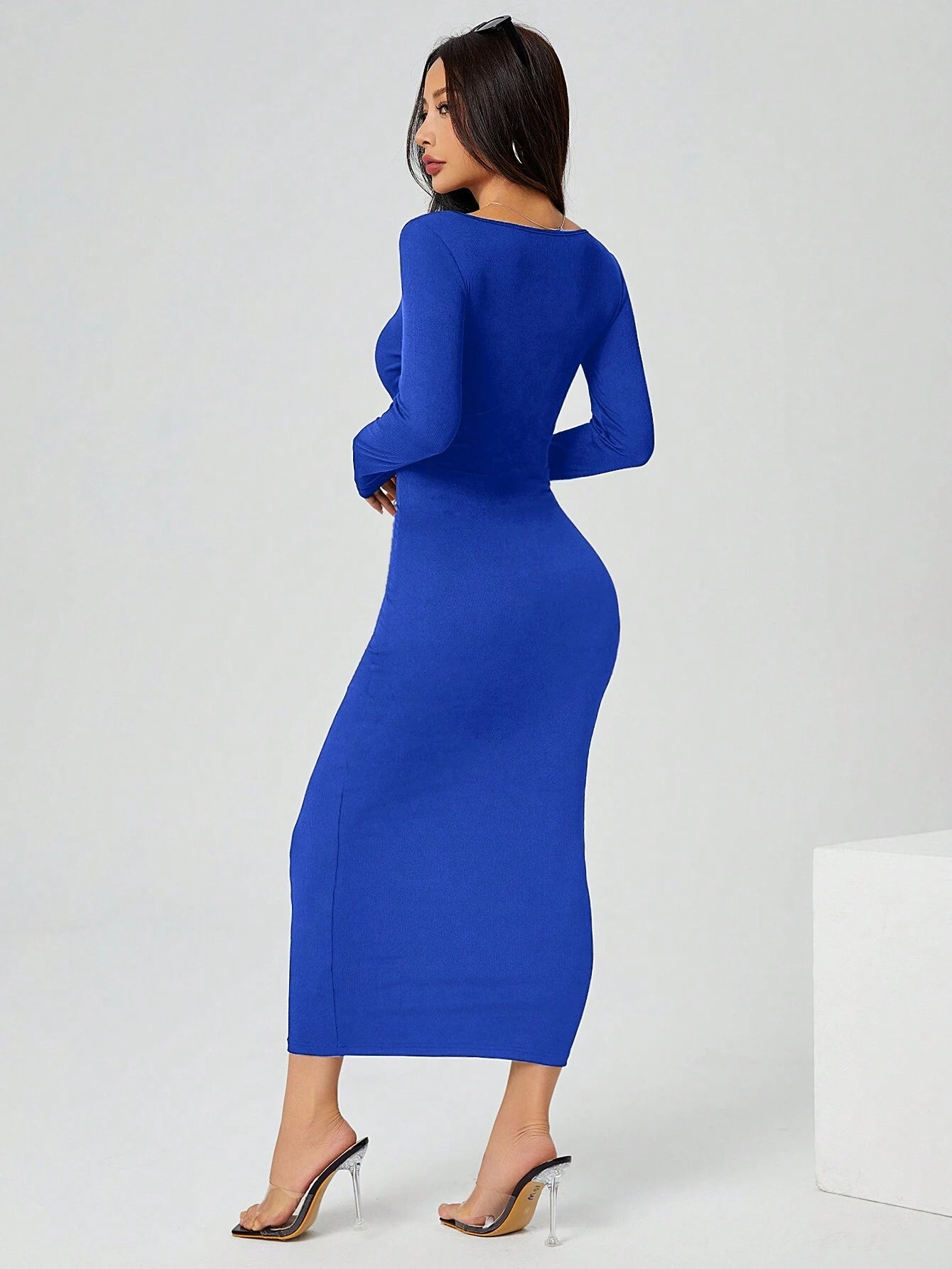 PETITE Autumn Wear Solid Color Square Neck Tight Black Long-Sleeved Dress shein
