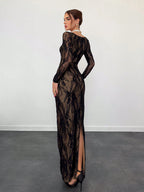 Sexy S-Shaped Lace Long Sleeve Cupped Corset Collar Slim Fitted Floor Length Dress shein