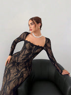 Sexy S-Shaped Lace Long Sleeve Cupped Corset Collar Slim Fitted Floor Length Dress shein