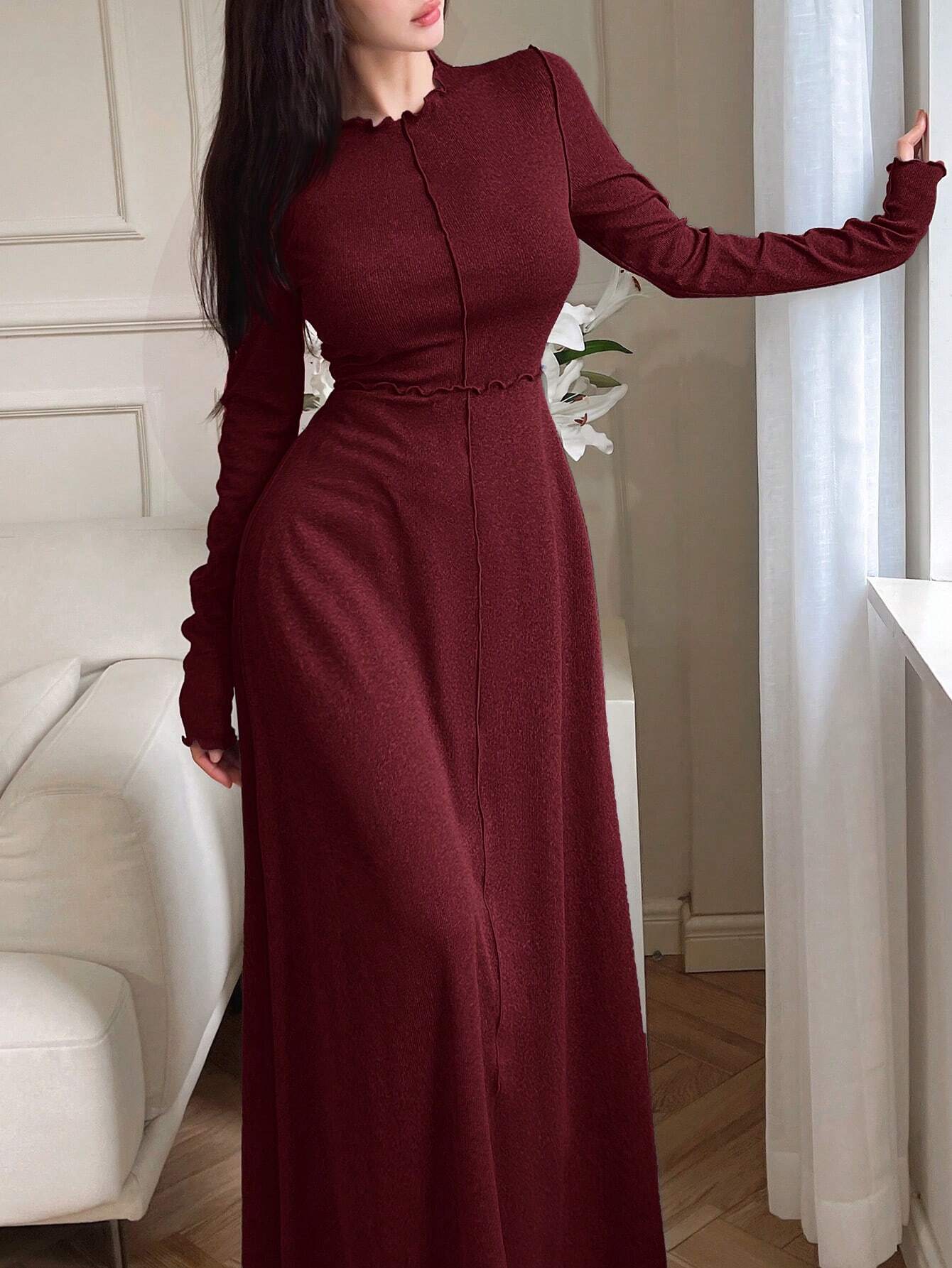 Mulvari Women's Solid Color Ruffle Trim Round Neck Long Sleeve Dress shein