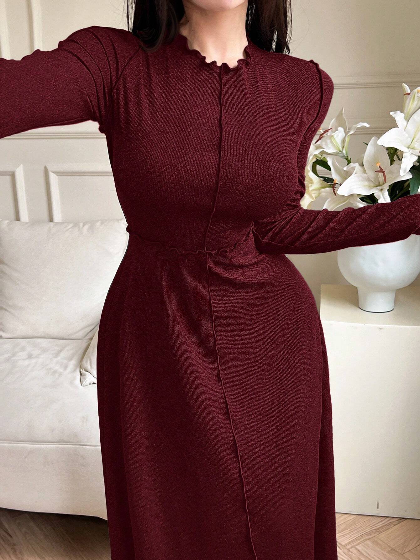Mulvari Women's Solid Color Ruffle Trim Round Neck Long Sleeve Dress shein