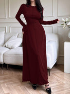 Mulvari Women's Solid Color Ruffle Trim Round Neck Long Sleeve Dress shein
