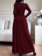 Mulvari Women's Solid Color Ruffle Trim Round Neck Long Sleeve Dress shein