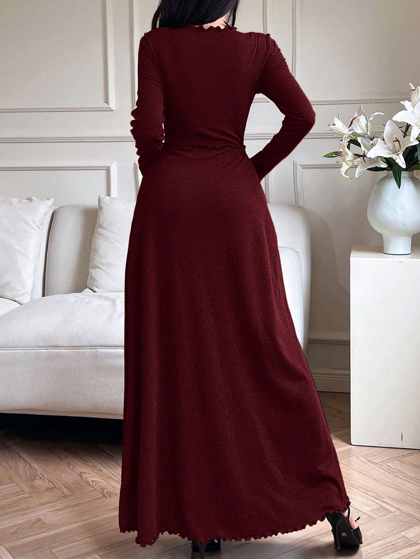 Mulvari Women's Solid Color Ruffle Trim Round Neck Long Sleeve Dress shein