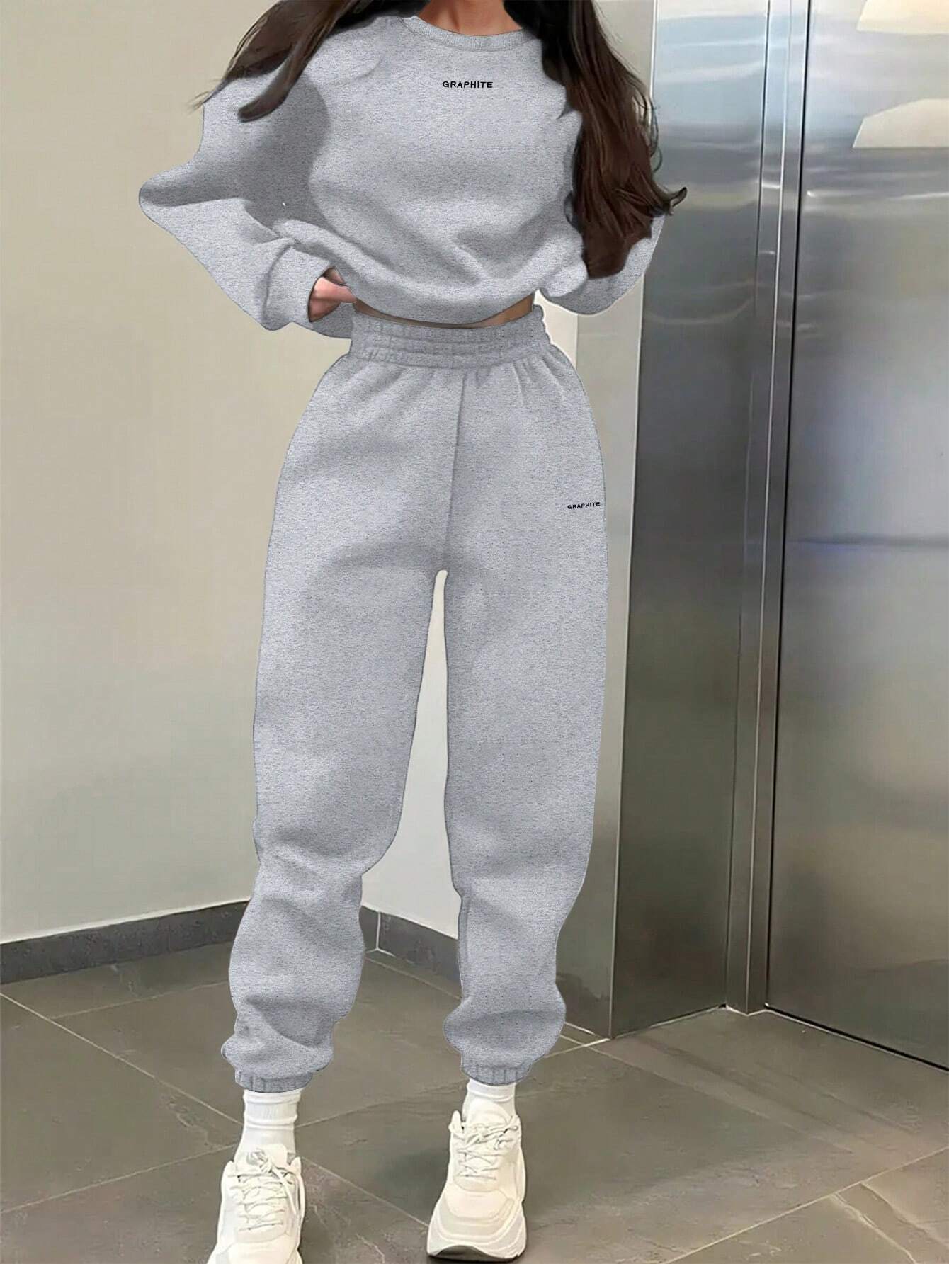 EZwear 2pcs Women's Casual Letter Print Sweatshirt And Sweatpants Set shein