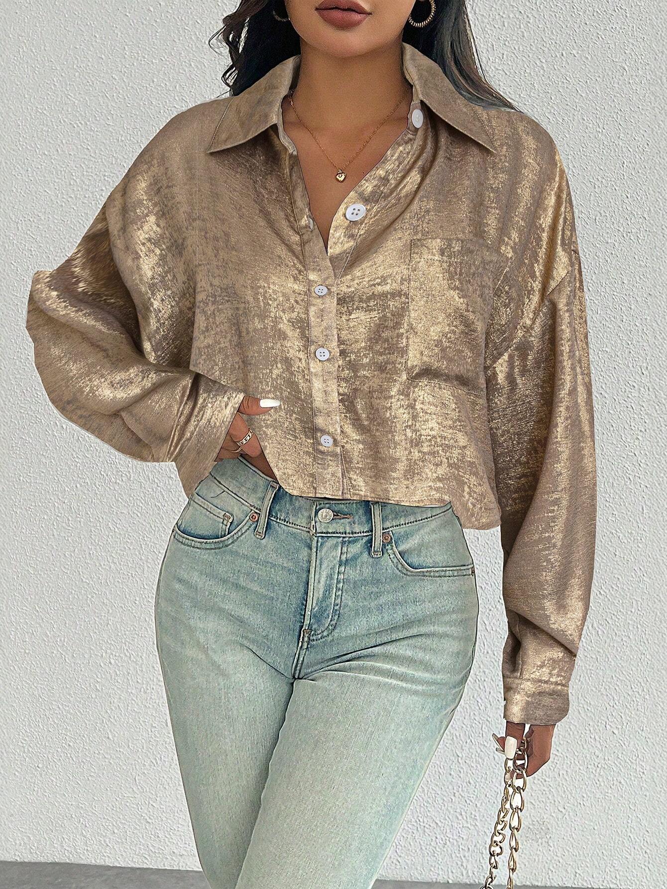 ChicEase Women Plain Button Front Long Sleeve Pocket Casual Shirt shein