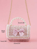 1pc Mini Girls' Cloth Shoulder Bag With Bowknot, Pearl Beads, Lace Edge And Metal Chain shein