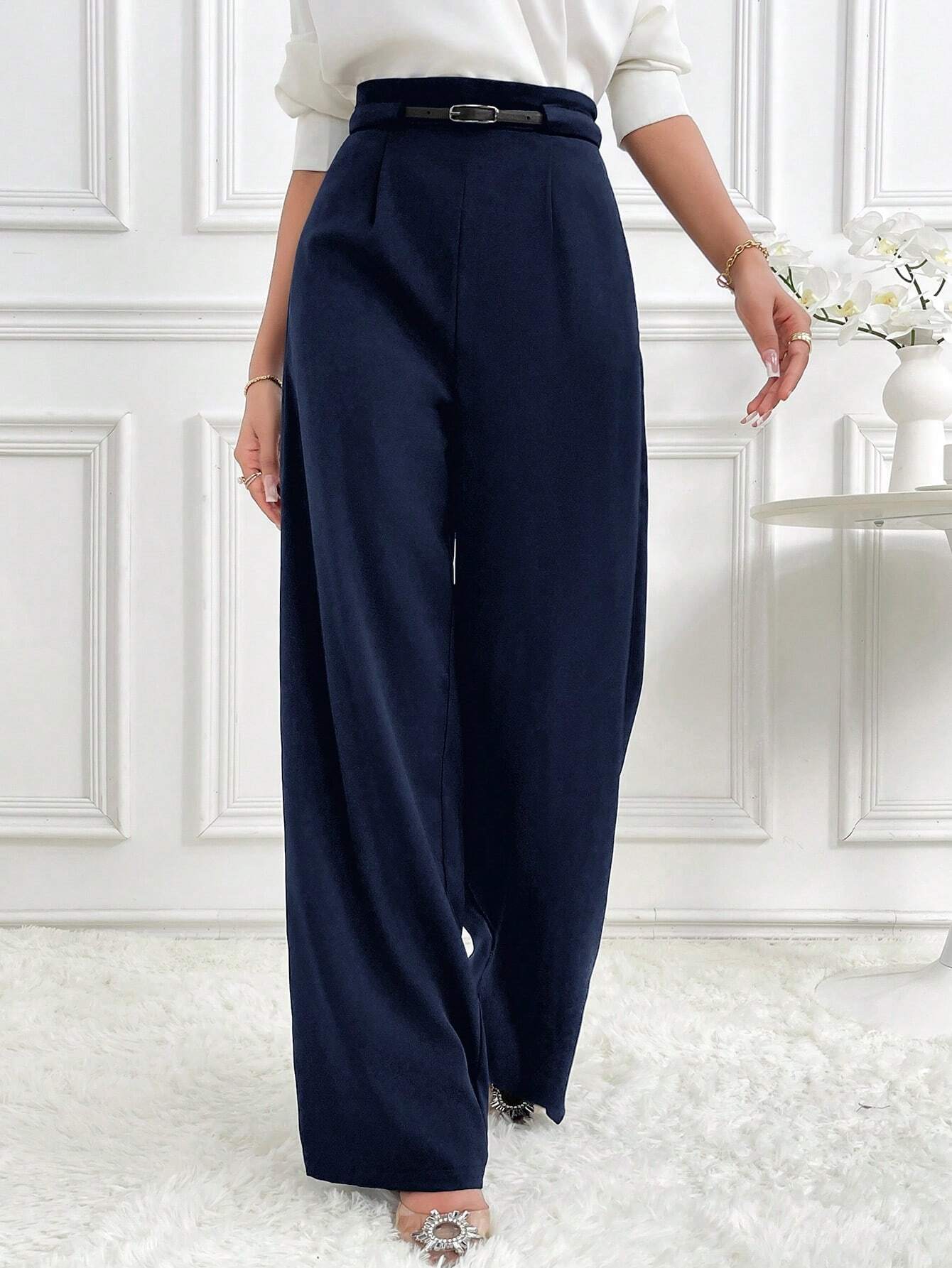 Modely Women's Solid High Waist Wide Leg Loose Casual Office Trousers shein