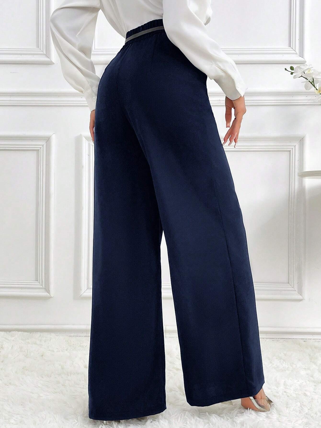Modely Women's Solid High Waist Wide Leg Loose Casual Office Trousers shein