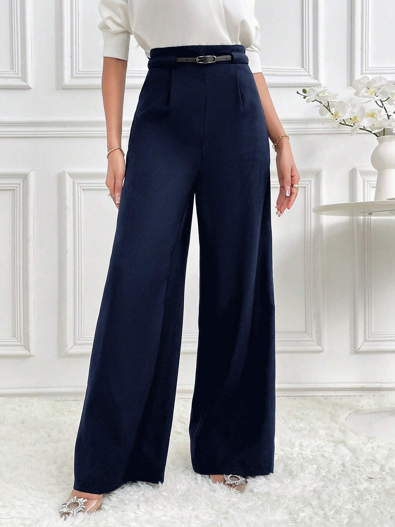 Modely Women's Solid High Waist Wide Leg Loose Casual Office Trousers shein