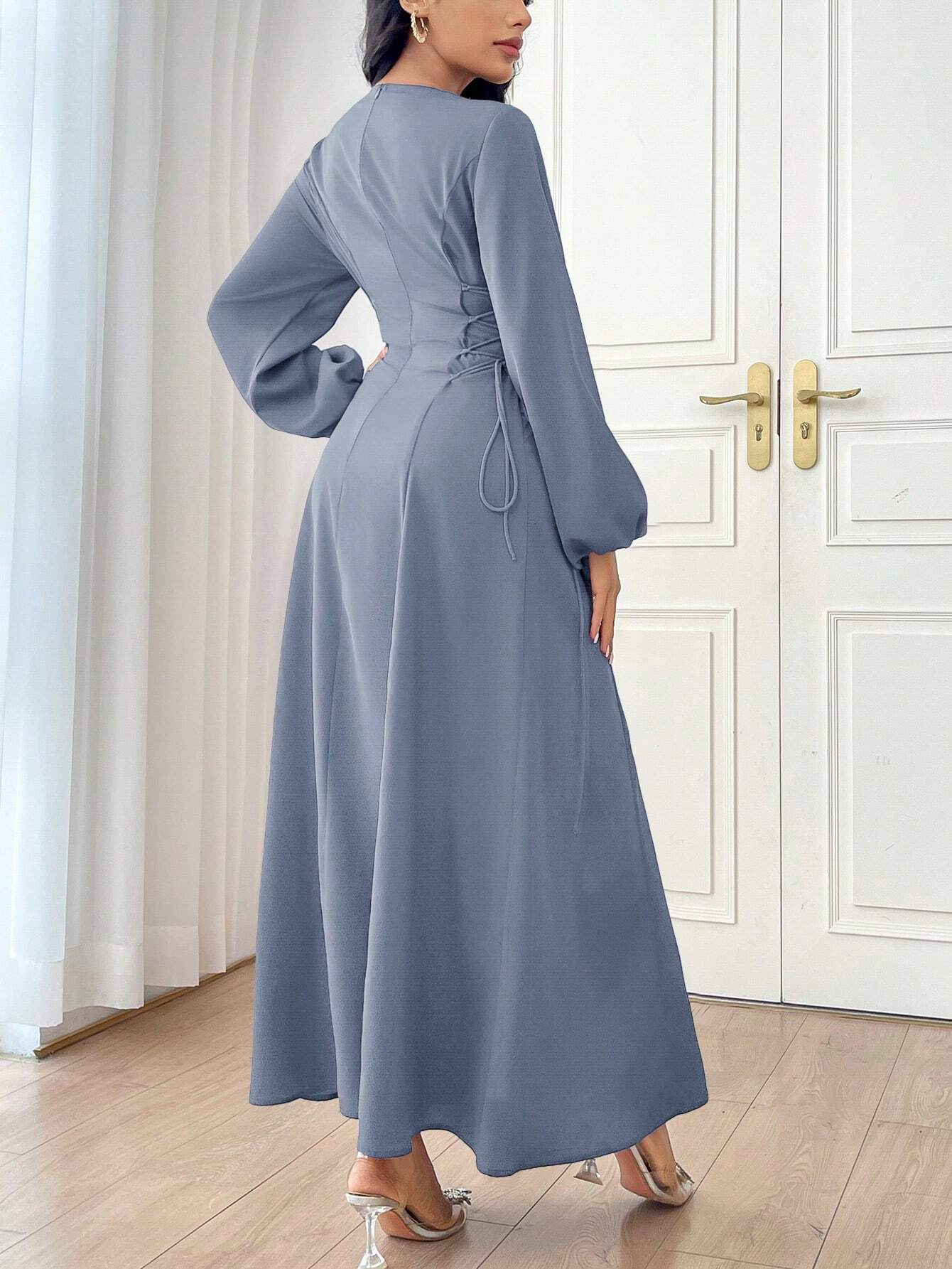 Modely Women's Solid Color Simple Daily Long Sleeve Dress shein