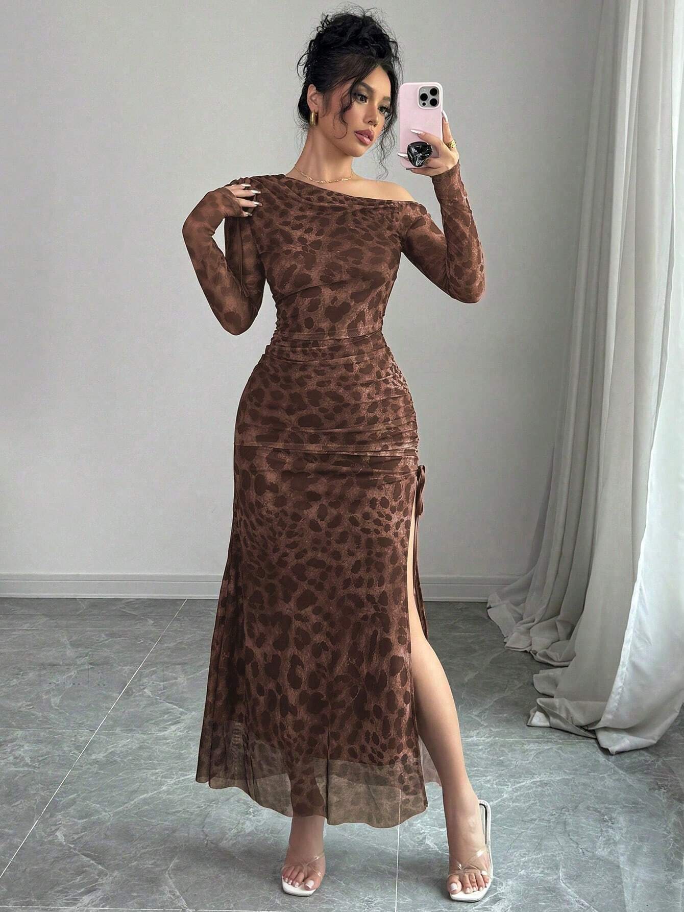 Raffinéa Elegant Tie Dye Gradient Ruched Mesh Leopard Print Asymmetrical Neck High Slit Dress shein