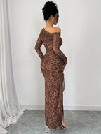 Raffinéa Elegant Tie Dye Gradient Ruched Mesh Leopard Print Asymmetrical Neck High Slit Dress shein