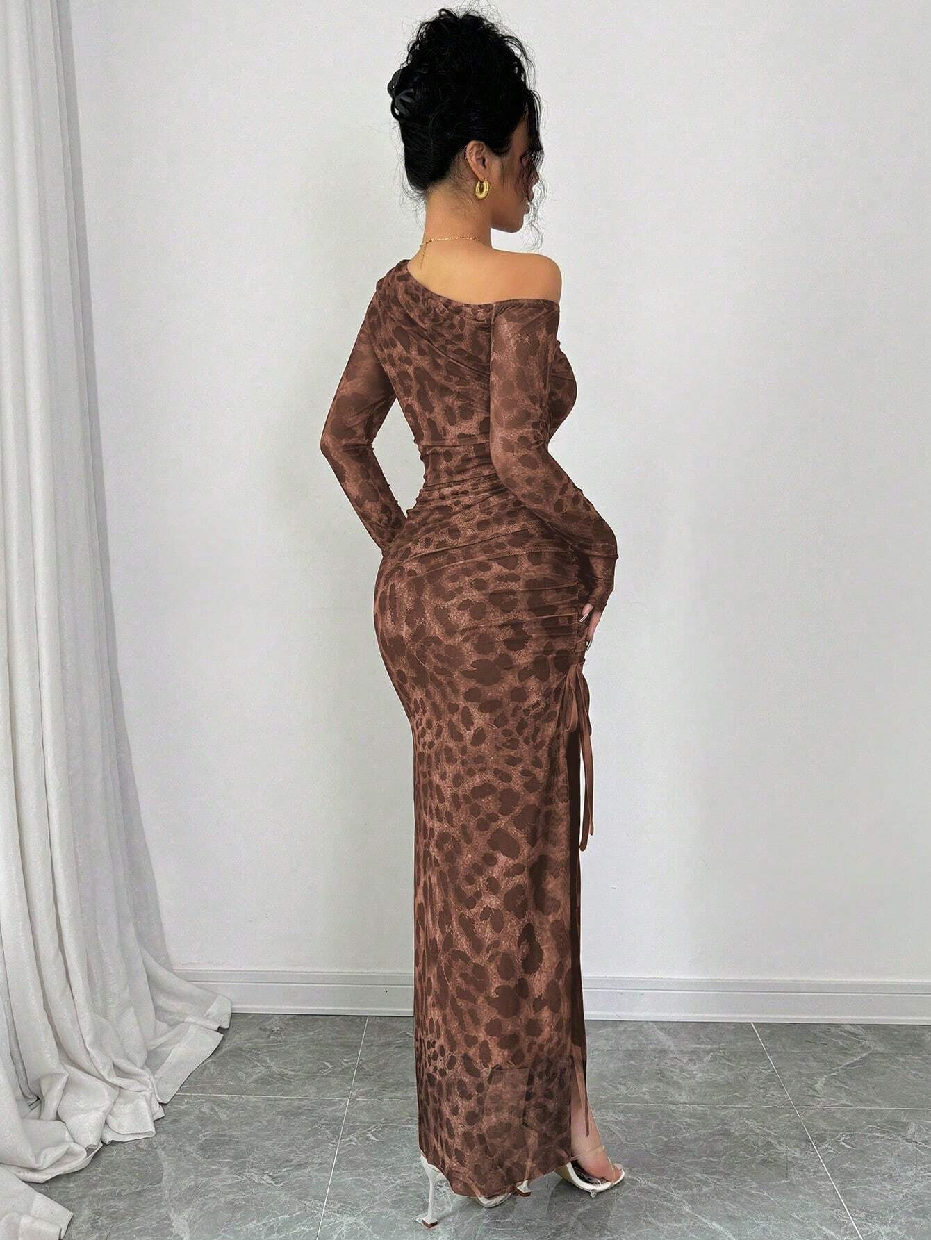 Raffinéa Elegant Tie Dye Gradient Ruched Mesh Leopard Print Asymmetrical Neck High Slit Dress shein