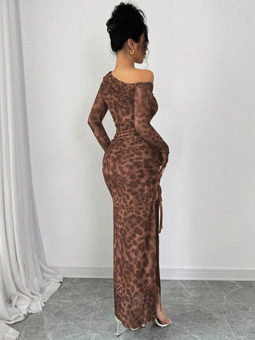 Raffinéa Elegant Tie Dye Gradient Ruched Mesh Leopard Print Asymmetrical Neck High Slit Dress