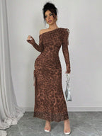Raffinéa Elegant Tie Dye Gradient Ruched Mesh Leopard Print Asymmetrical Neck High Slit Dress shein