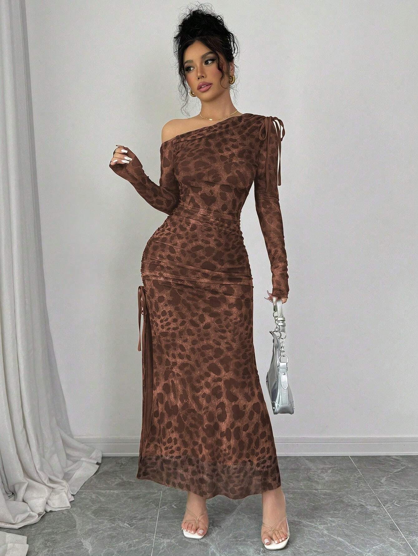 Raffinéa Elegant Tie Dye Gradient Ruched Mesh Leopard Print Asymmetrical Neck High Slit Dress shein