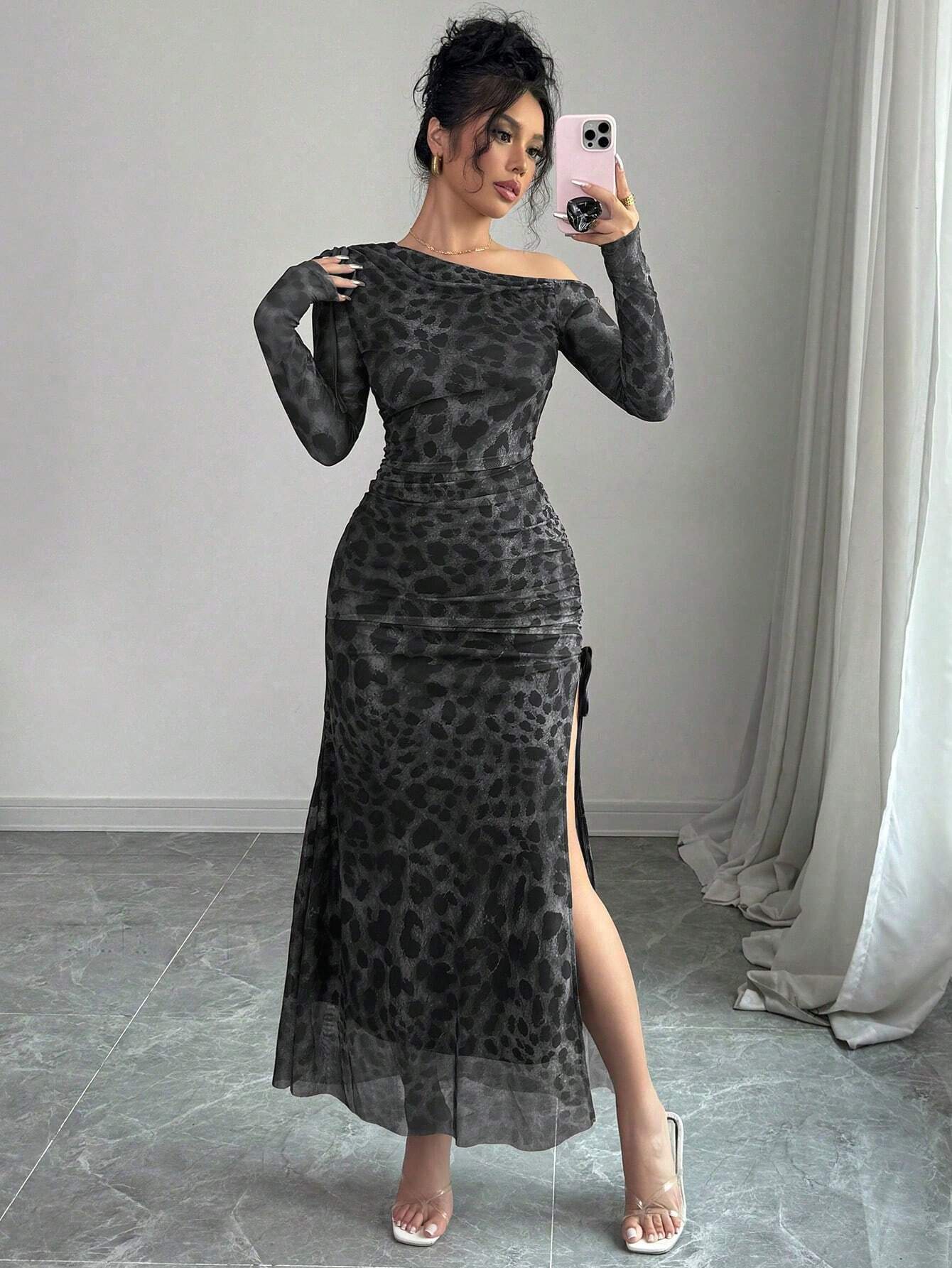 Raffinéa Elegant Tie Dye Gradient Ruched Mesh Leopard Print Asymmetrical Neck High Slit Dress shein