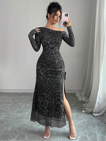 Raffinéa Elegant Tie Dye Gradient Ruched Mesh Leopard Print Asymmetrical Neck High Slit Dress