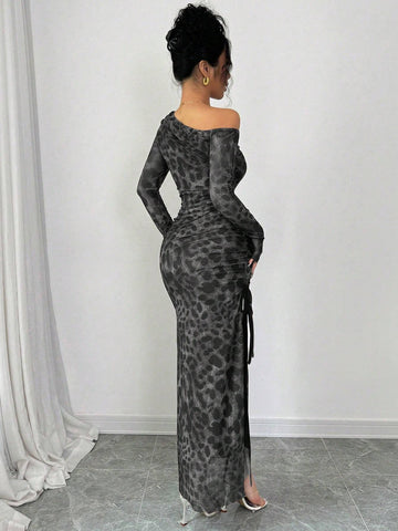 Raffinéa Elegant Tie Dye Gradient Ruched Mesh Leopard Print Asymmetrical Neck High Slit Dress